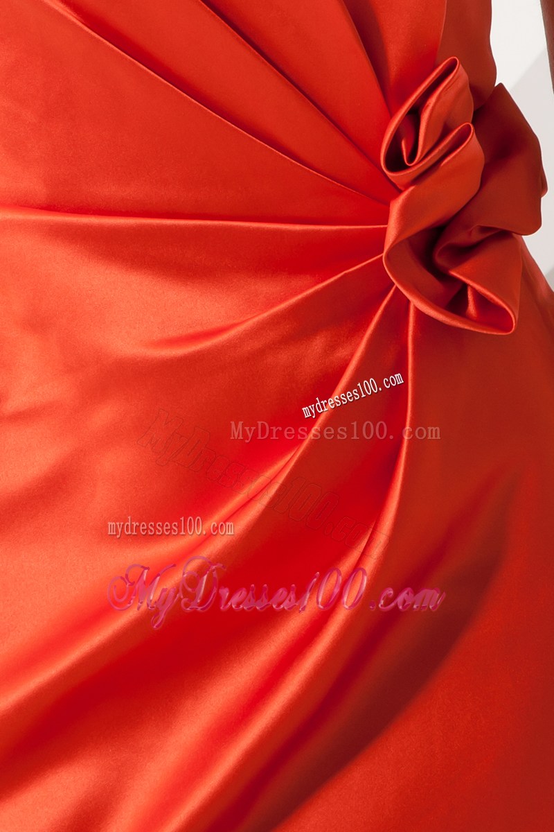 Rust Red Mermaid Spaghetti Straps Ruch and Hand Made Flower Prom Dress Floor-length Satin