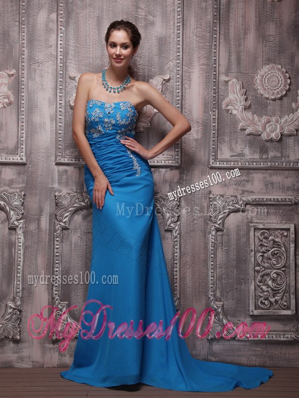Blue Column Strapless Brush Train Appliques Prom Evening Dress