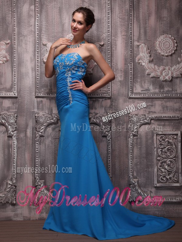 Blue Column Strapless Brush Train Appliques Prom Evening Dress
