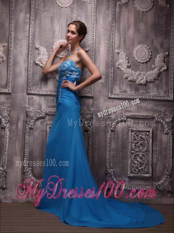 Blue Column Strapless Brush Train Appliques Prom Evening Dress
