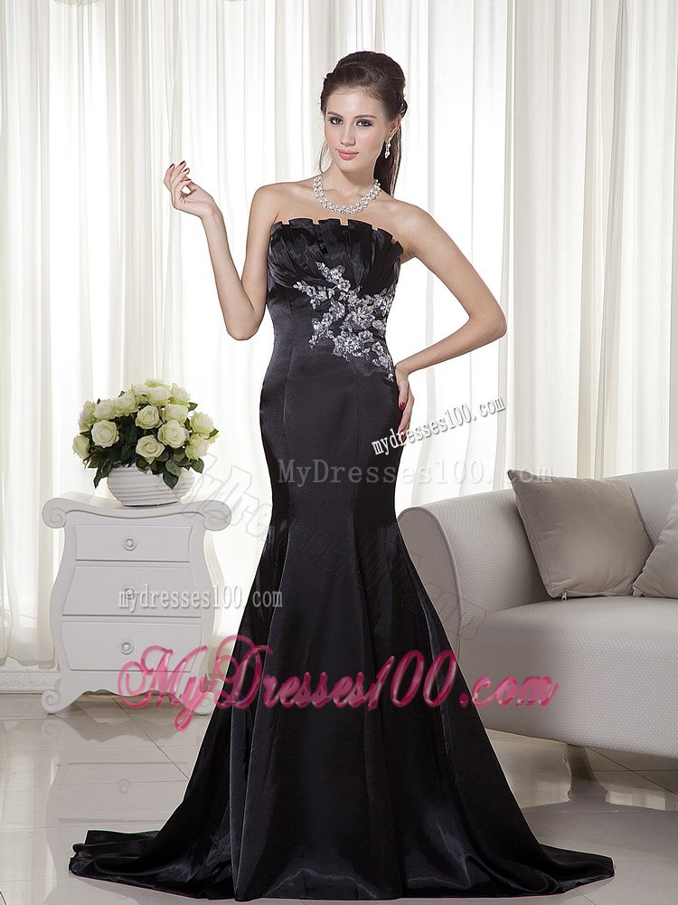 Black Mermaid Strapless Brush Train Appliques Formal Evening Dress