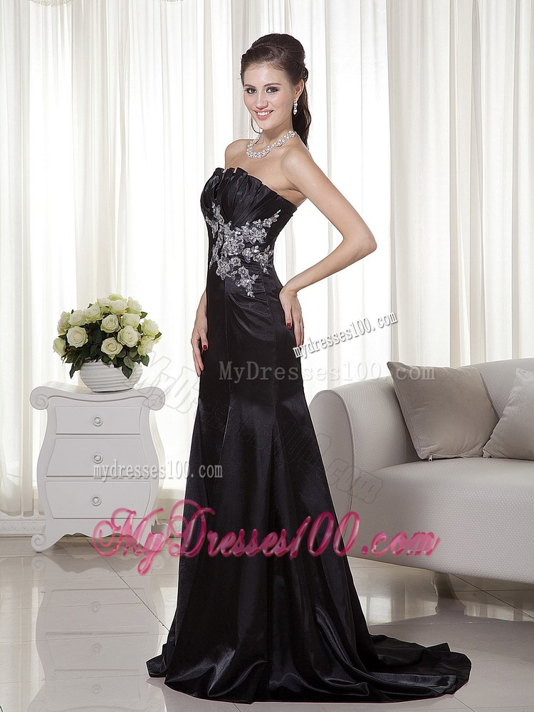 Black Mermaid Strapless Brush Train Appliques Formal Evening Dress