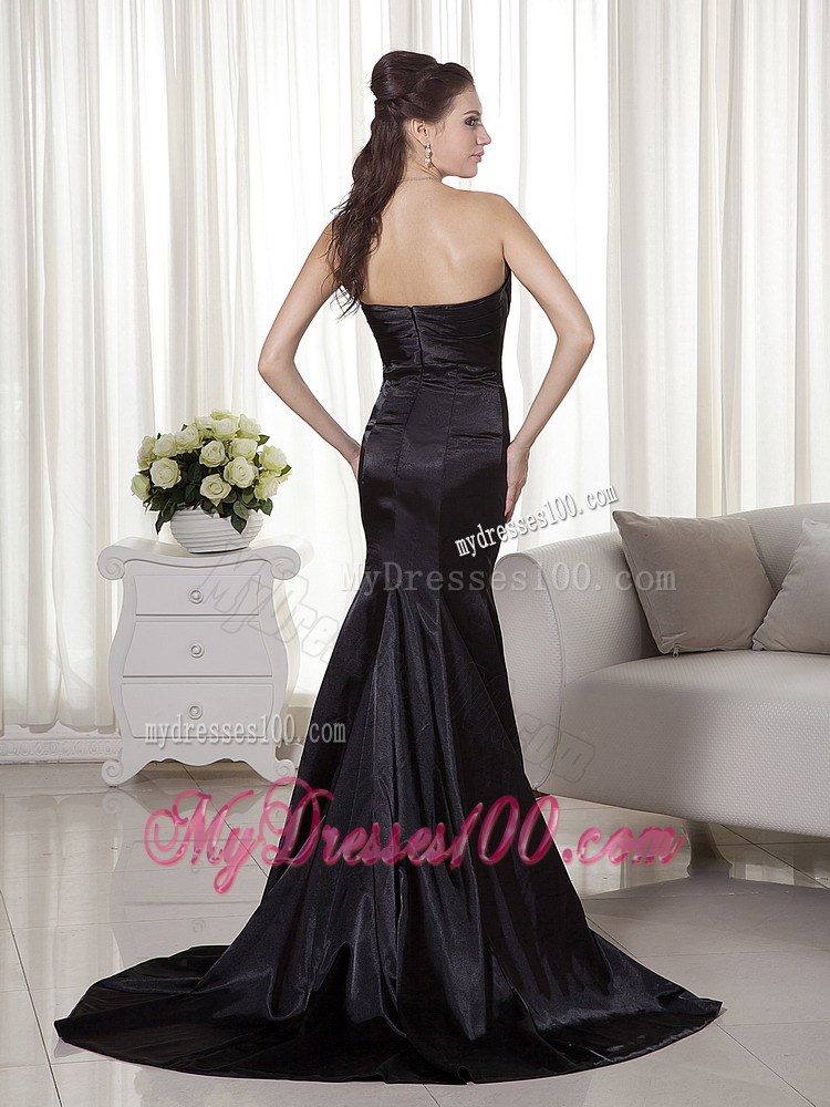 Black Mermaid Strapless Brush Train Appliques Formal Evening Dress