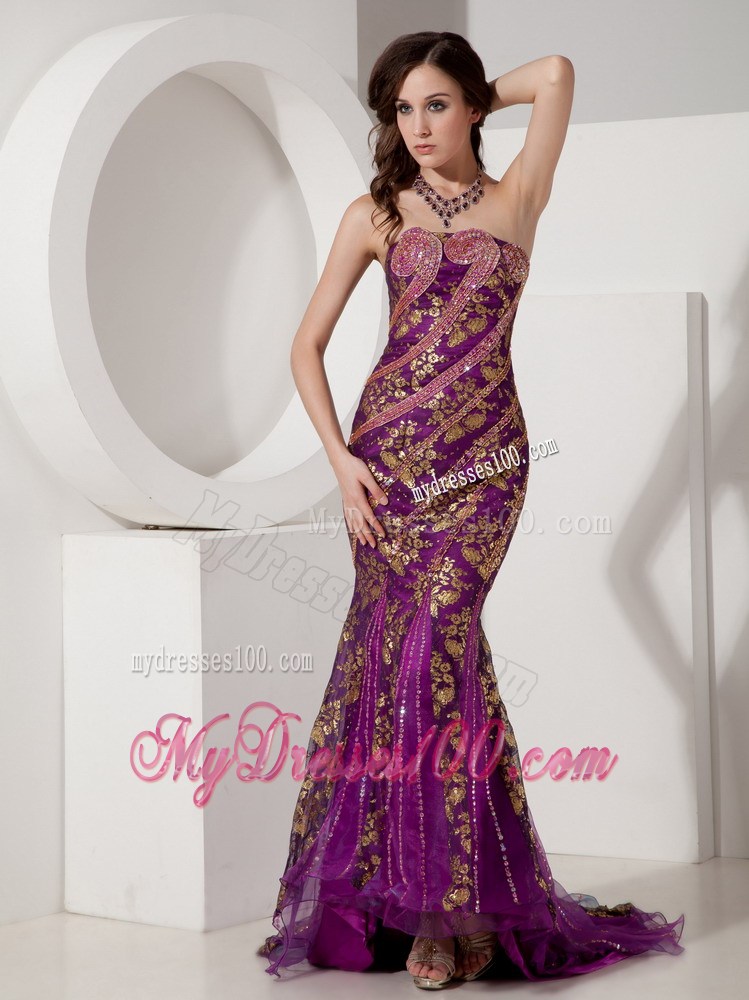 Customize Purple and Gold Trumpet / Mermaid Evening Dress Strapless Special Fabric Beading Court Train