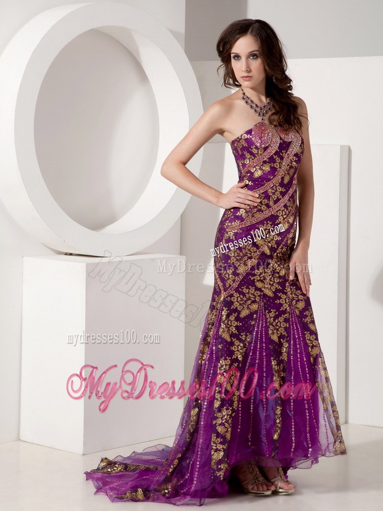 Customize Purple and Gold Trumpet / Mermaid Evening Dress Strapless Special Fabric Beading Court Train