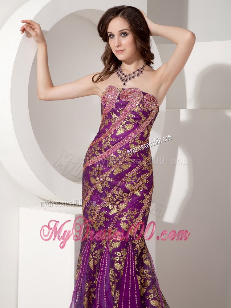 Customize Purple and Gold Trumpet / Mermaid Evening Dress Strapless Special Fabric Beading Court Train