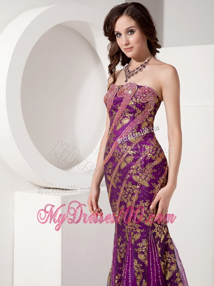 Customize Purple and Gold Trumpet / Mermaid Evening Dress Strapless Special Fabric Beading Court Train