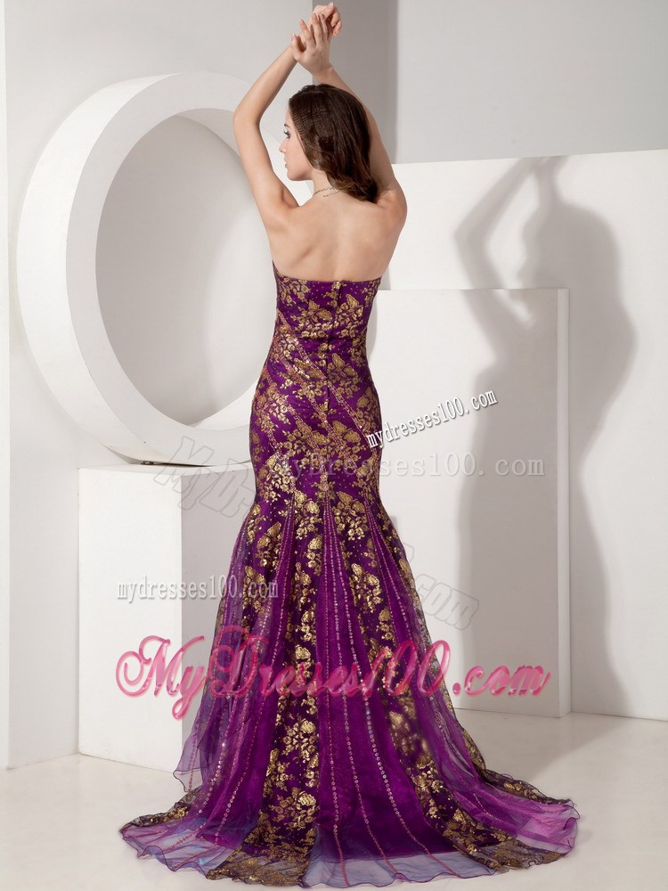 Customize Purple and Gold Trumpet / Mermaid Evening Dress Strapless Special Fabric Beading Court Train