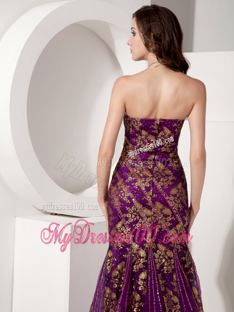 Customize Purple and Gold Trumpet / Mermaid Evening Dress Strapless Special Fabric Beading Court Train