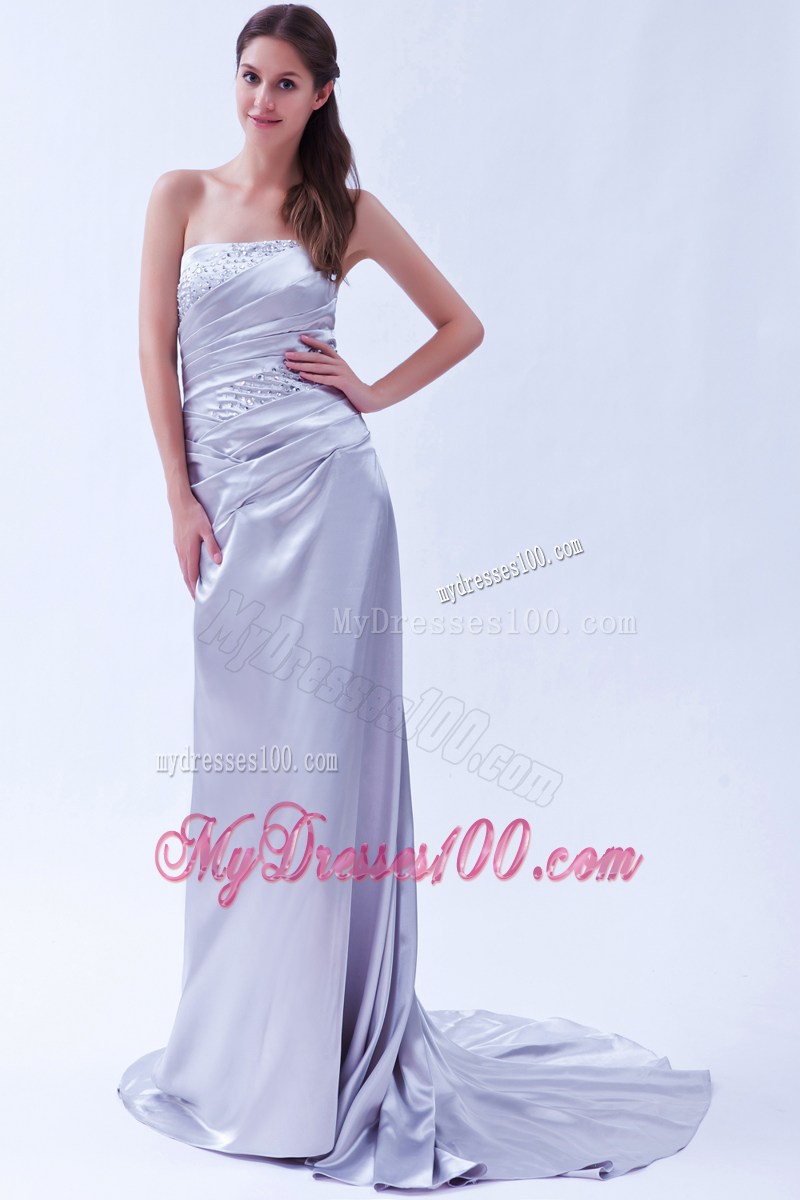 Lilac Column Strapless Beading Prom Dress Elastic Wove Satin Beading Brush Train