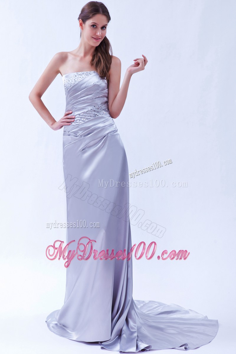 Lilac Column Strapless Beading Formal Evening Dress Beading Brush Train