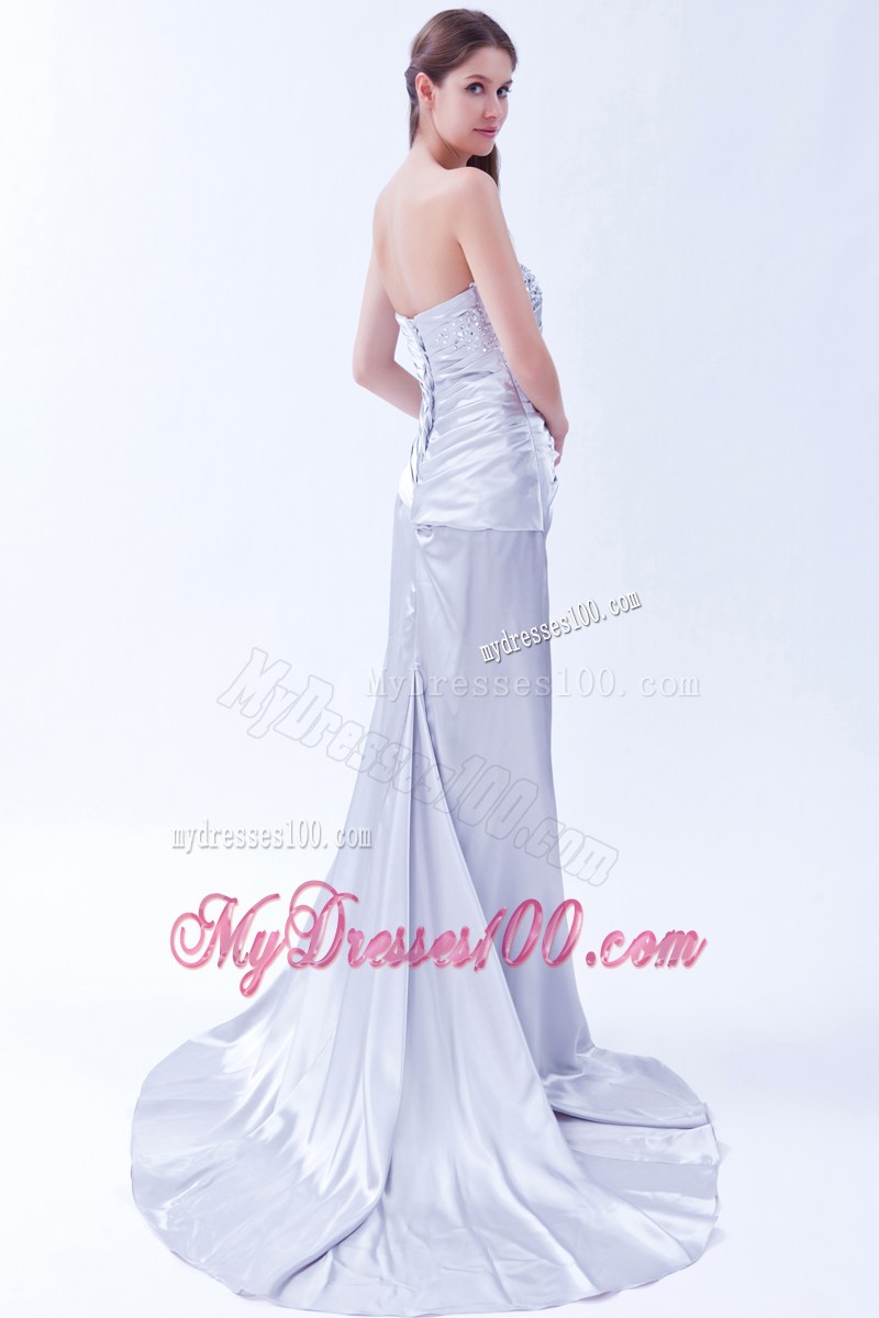 Lilac Column Strapless Beading Prom Dress Elastic Wove Satin Beading Brush Train