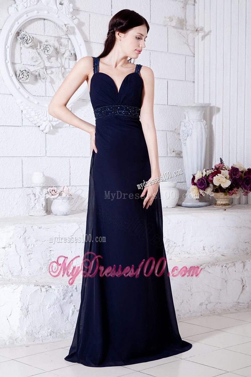 Navy Blue Empire Straps Formal Evening Dresses Brush Train Beading