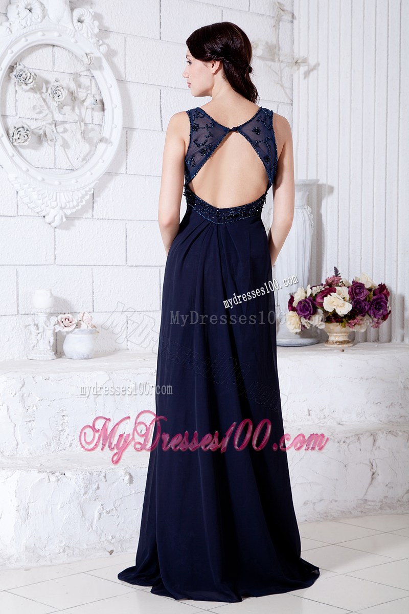 Navy Blue Empire Straps Formal Evening Dresses Brush Train Beading