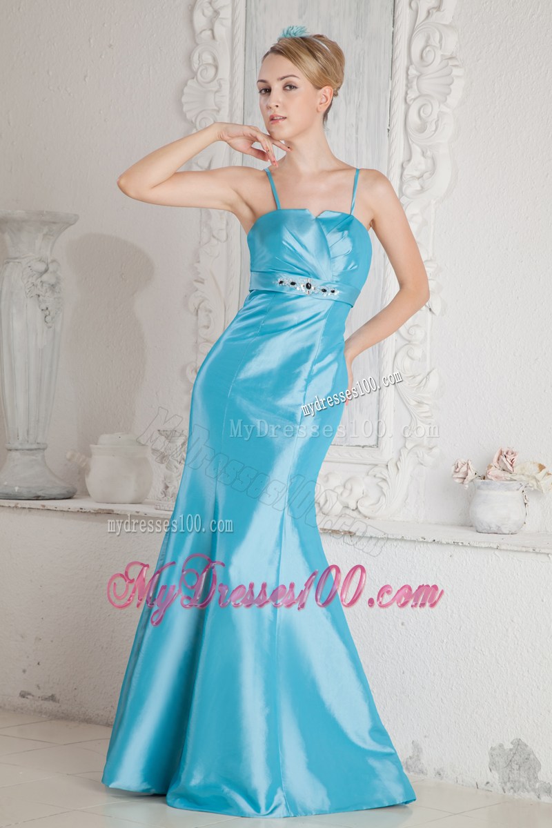 Aqua Blue Junior Prom Dress Mermaid Straps Beading Brush Train Satin