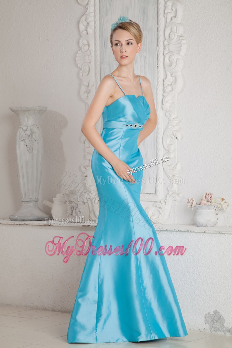 Aqua Blue Junior Prom Dress Mermaid Straps Beading Brush Train Satin