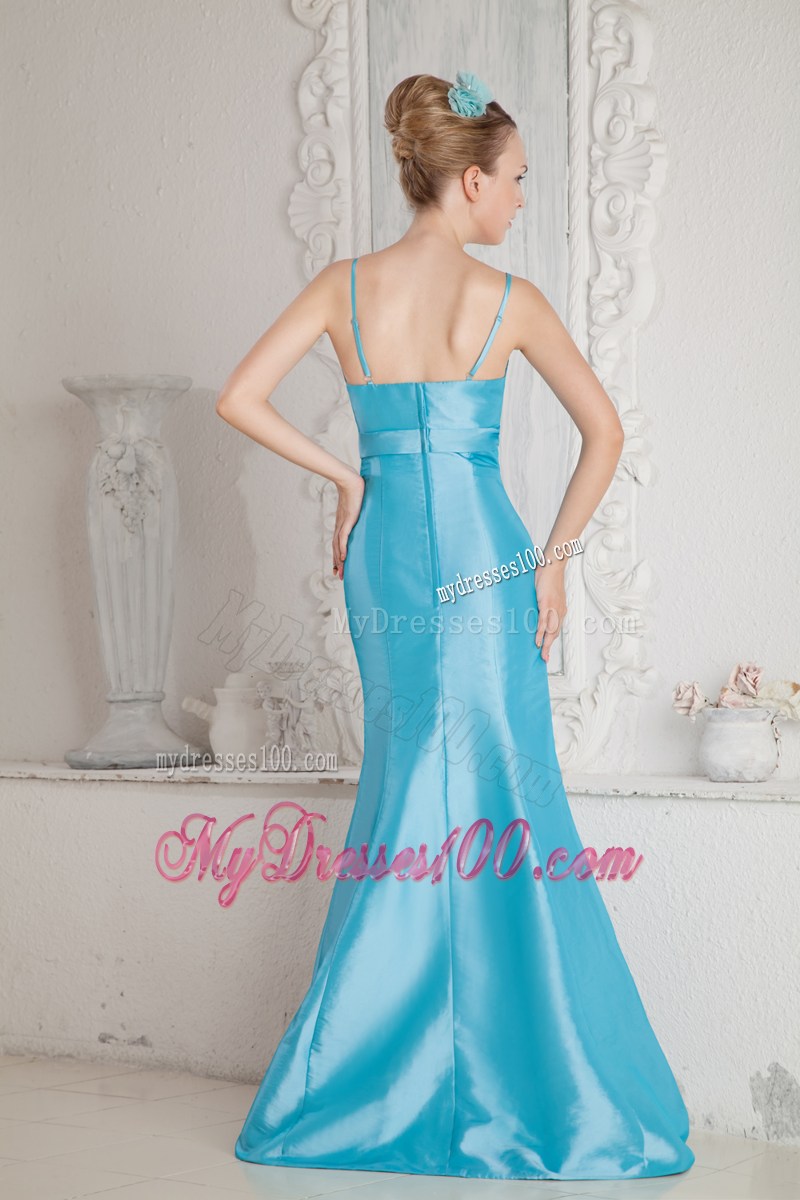 Aqua Blue Junior Prom Dress Mermaid Straps Beading Brush Train Satin