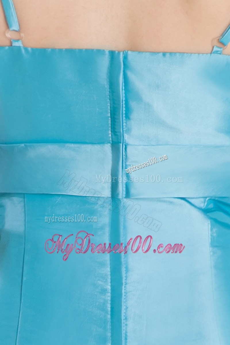 Aqua Blue Junior Prom Dress Mermaid Straps Beading Brush Train Satin
