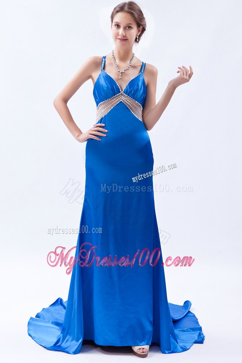 Royal Blue Column Straps Formal Evening Dresses Beading Brush Train