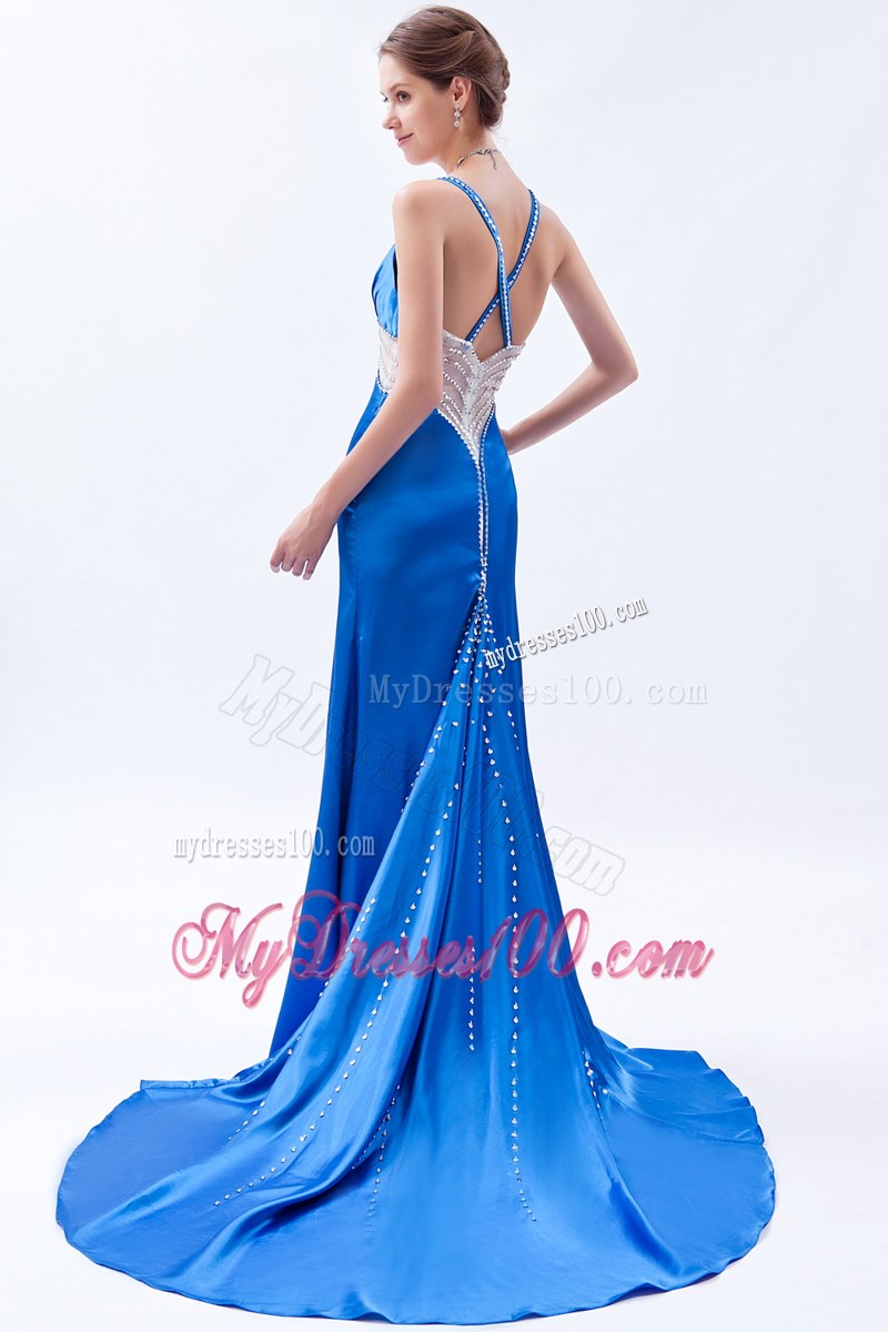 Royal Blue Column Straps Formal Evening Dresses Beading Brush Train