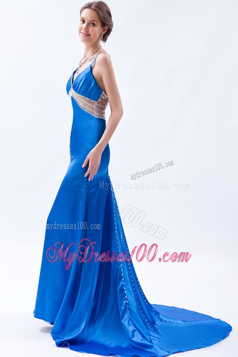 Royal Blue Column Straps Formal Evening Dresses Beading Brush Train