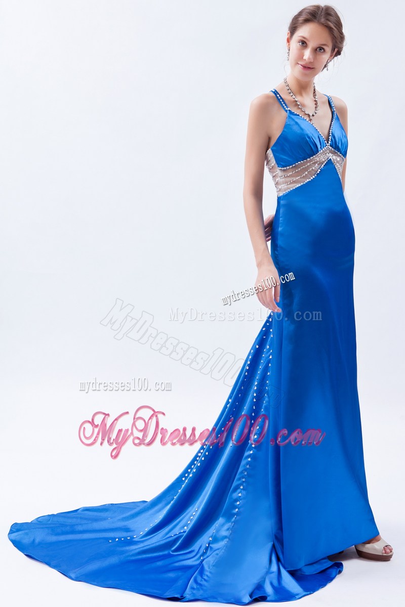 Royal Blue Column Straps Formal Evening Dresses Beading Brush Train
