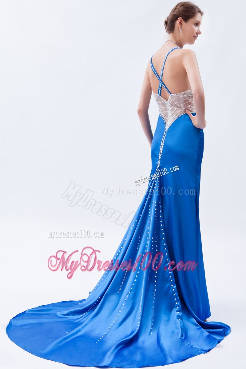 Royal Blue Column Straps Formal Evening Dresses Beading Brush Train