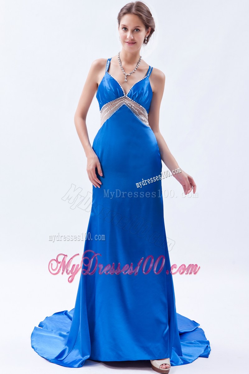 Royal Blue Column Straps Formal Evening Dresses Beading Brush Train
