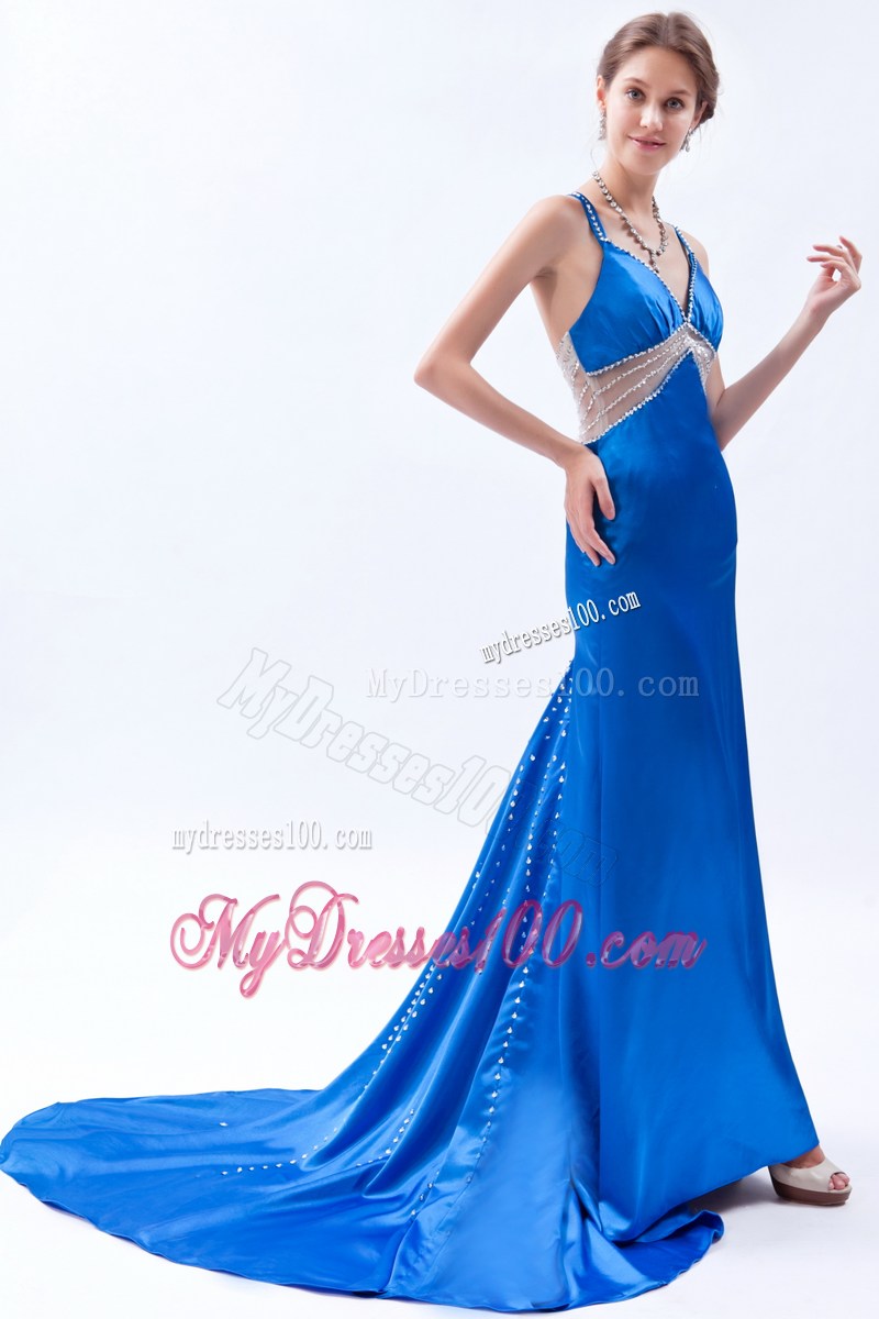 Royal Blue Column Straps Formal Evening Dresses Beading Brush Train
