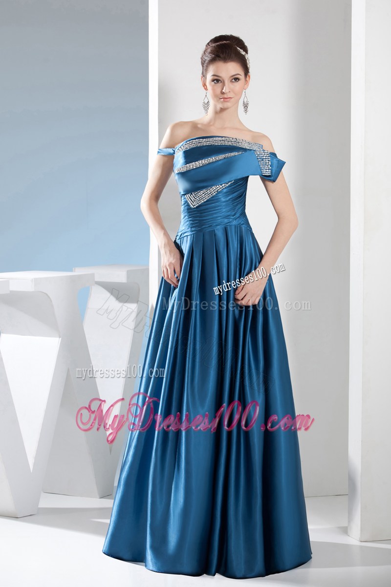 Teal Column Off the Shoulder long Beading Prom Dress