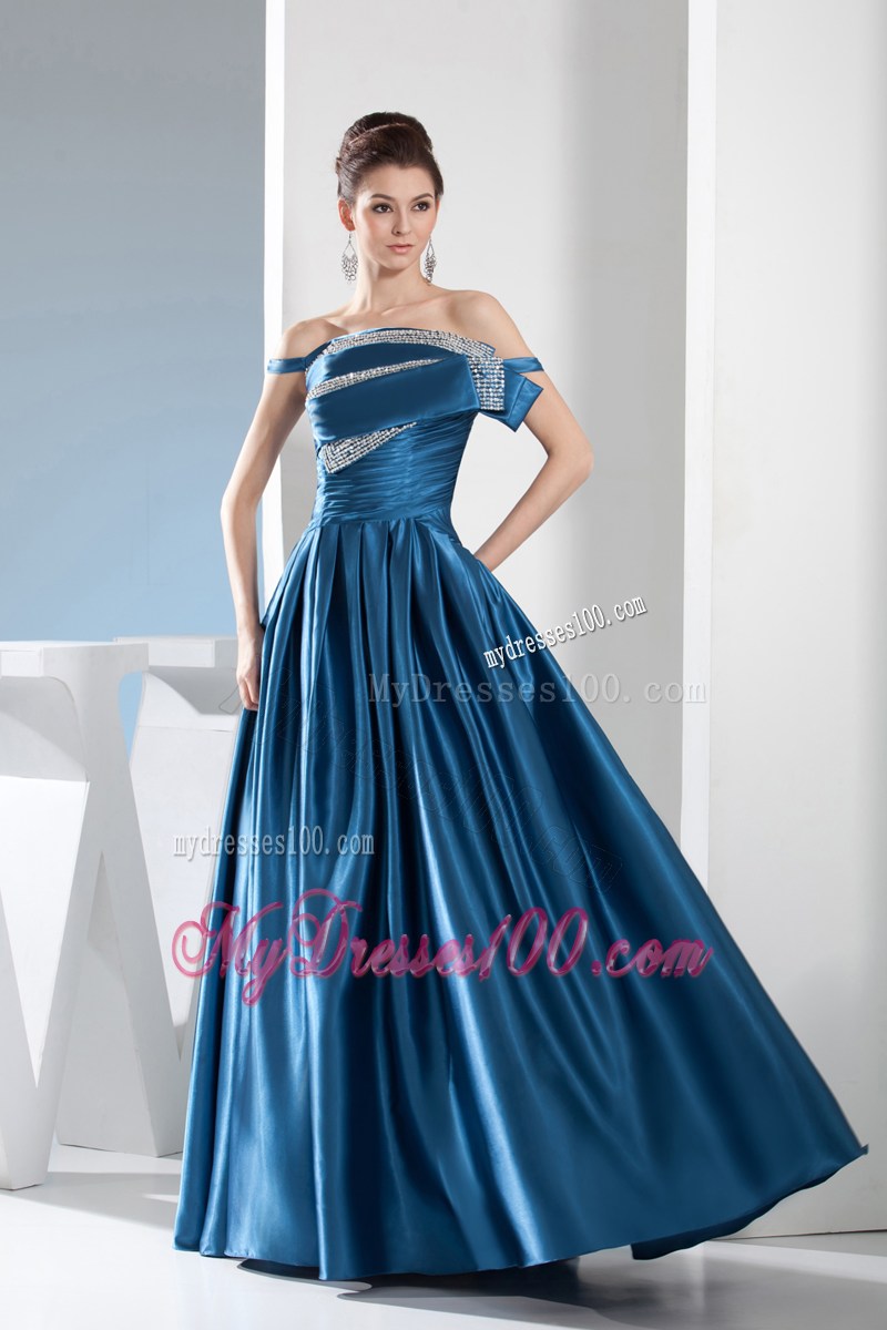 Teal Column Off the Shoulder long Beading Prom Dress