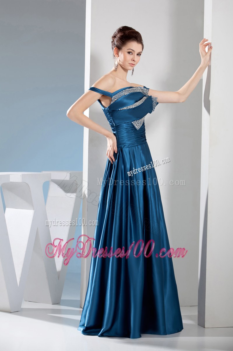Teal Column Off the Shoulder long Beading Prom Dress