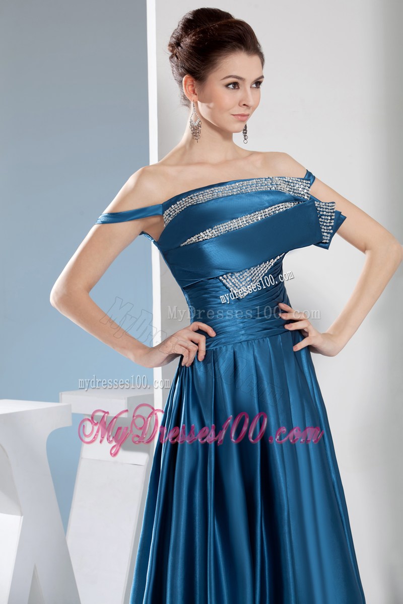 Teal Column Off the Shoulder long Beading Prom Dress