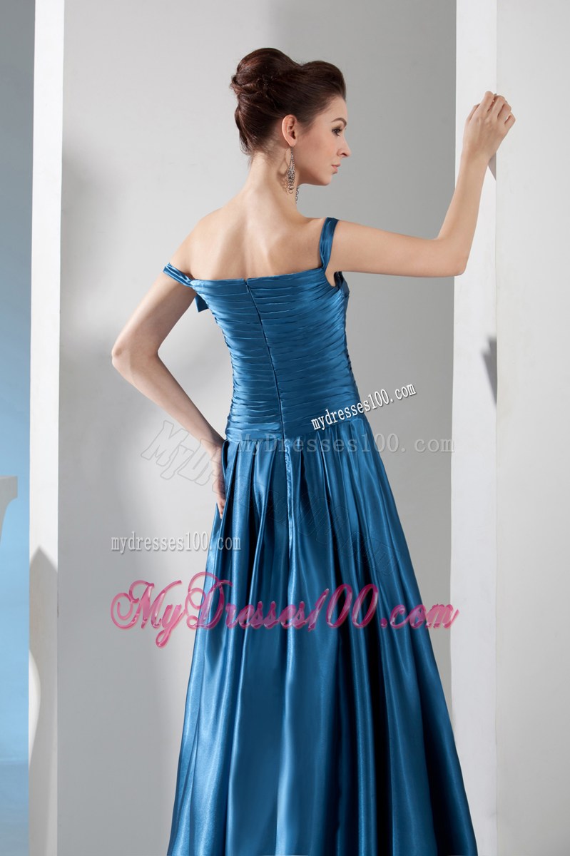 Teal Column Off the Shoulder long Beading Prom Dress