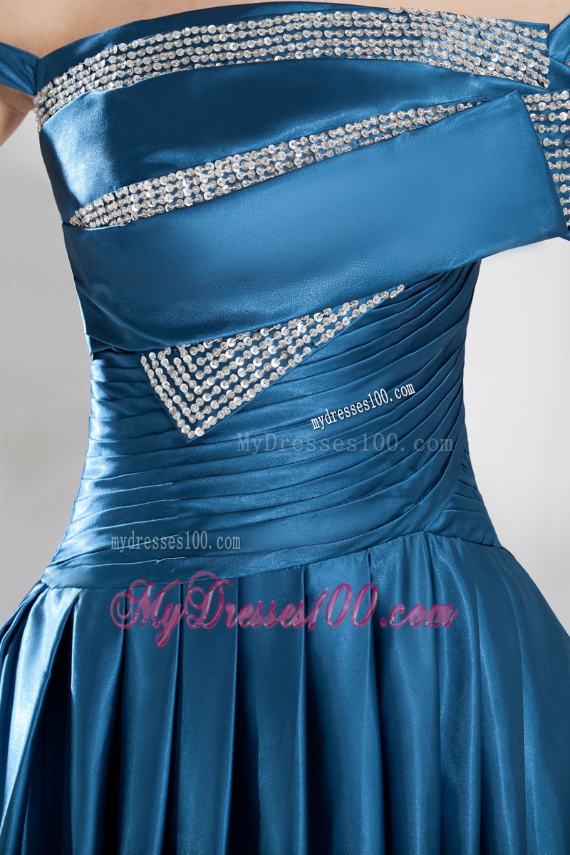 Teal Column Off the Shoulder long Beading Prom Dress
