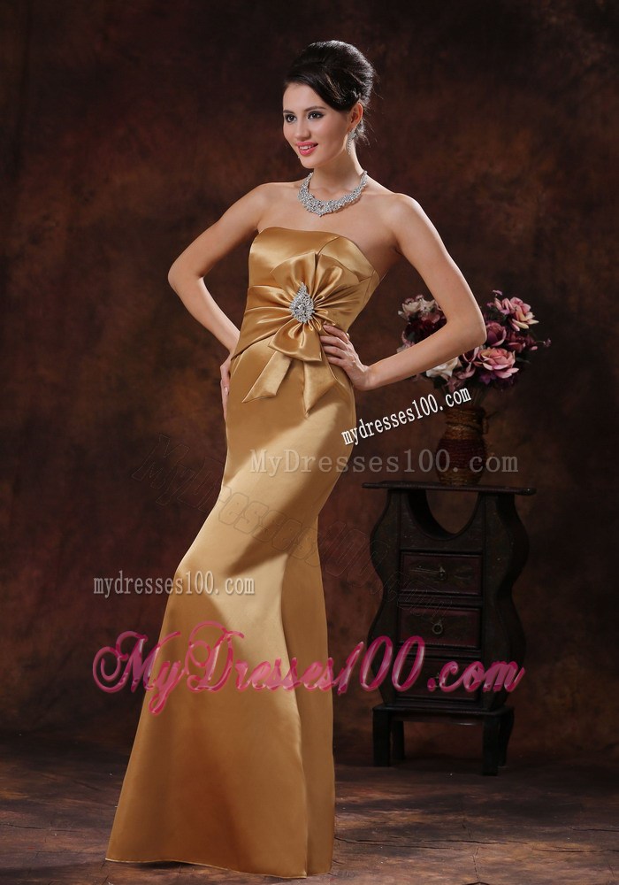 Mermaid Champagne Foraml Evening Dresses Strapless Beaded and Bow