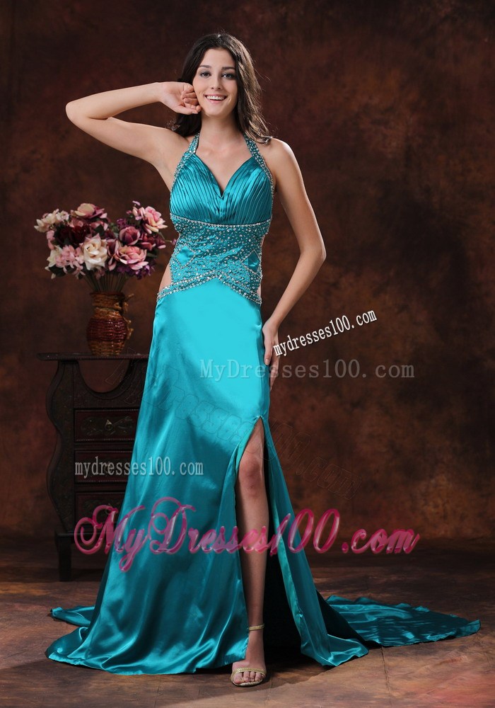 Turquoise High Slit Halter Brush Train Prom Dress With Beaded Decorate
