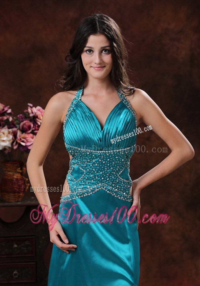 Turquoise High Slit Halter Brush Train Prom Dress With Beaded Decorate