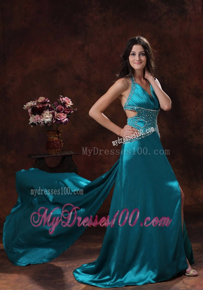 Turquoise High Slit Halter Brush Train Prom Dress With Beaded Decorate