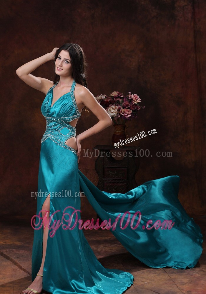 Turquoise High Slit Halter Brush Train Prom Dress With Beaded Decorate
