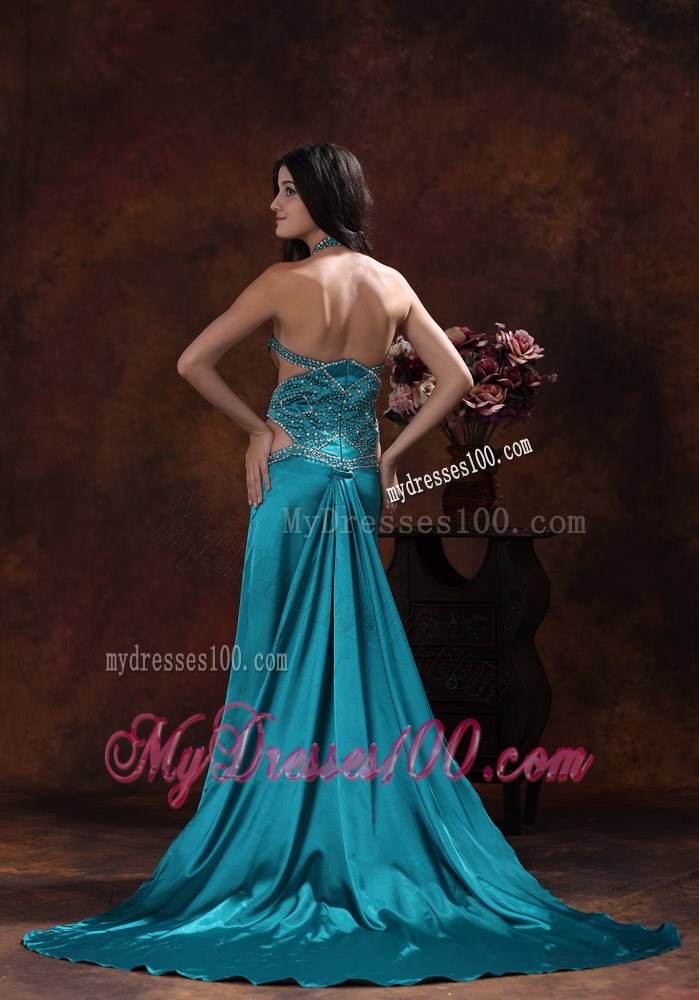 Turquoise High Slit Halter Brush Train Prom Dress With Beaded Decorate