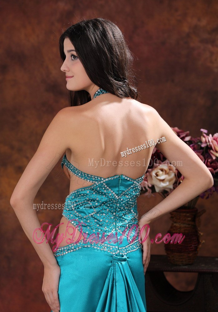 Turquoise High Slit Halter Brush Train Prom Dress With Beaded Decorate