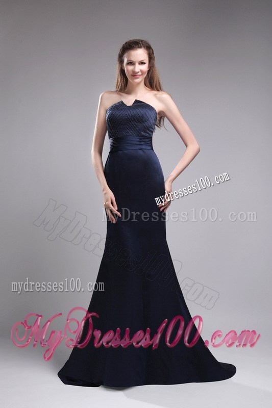 Perfect Column Strapless Brush Train Satin Beading Navy Blue Mother of the Bride Dress