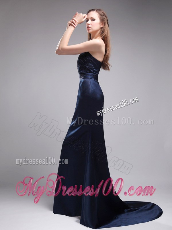 Perfect Strapless Brush Train Beading Navy Blue Foraml Evening Dresses