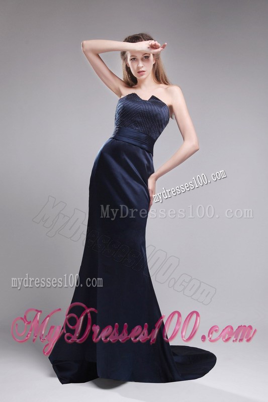 Perfect Strapless Brush Train Beading Navy Blue Foraml Evening Dresses