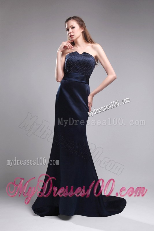 Perfect Strapless Brush Train Beading Navy Blue Foraml Evening Dresses