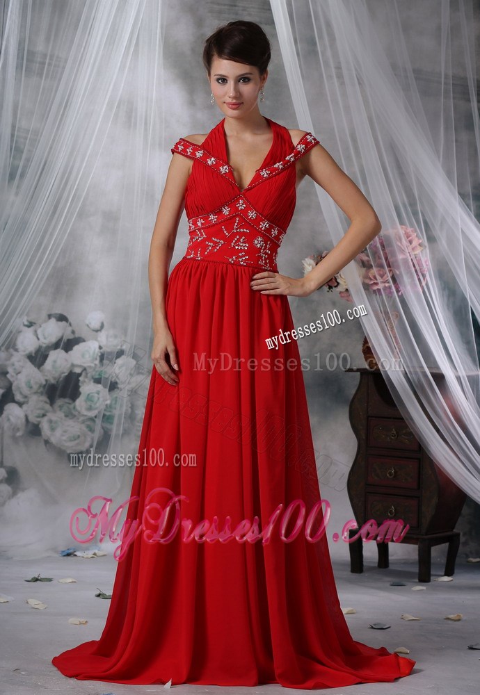 V-neck Beaded Decorate Waist Ruched Brush Train Red Evening Dress
