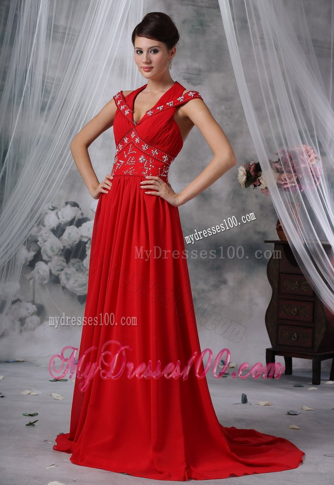 V-neck Beaded Decorate Waist Ruched Brush Train Red Evening Dress