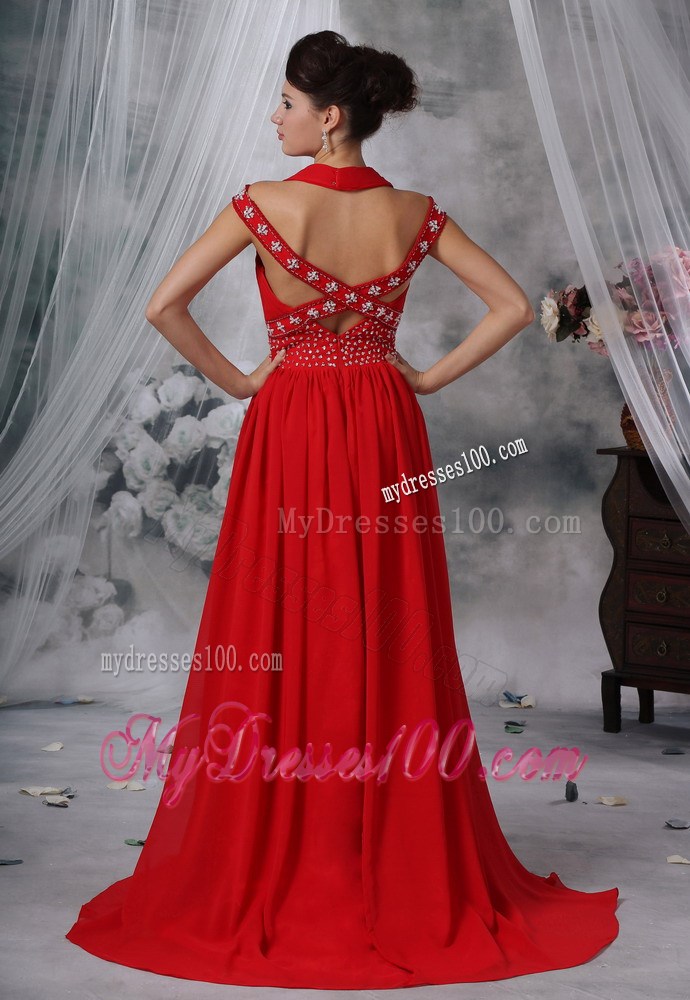 V-neck Beaded Decorate Waist Ruched Brush Train Red Evening Dress