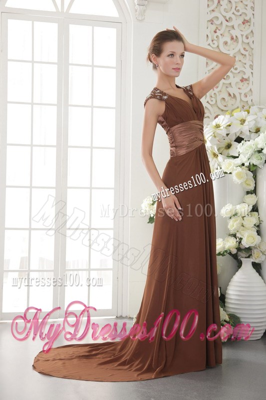 Brown Empire V-neck Brush Train Chiffon Beading Prom / Evening Dress